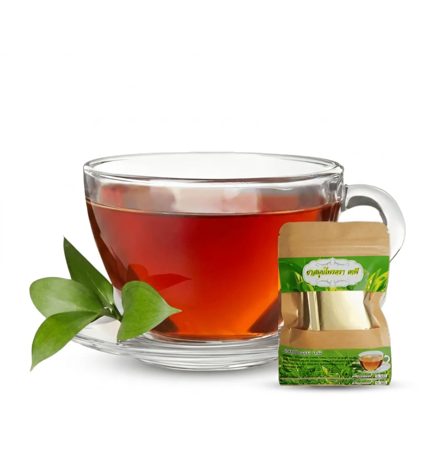 Brewed Tapee Tea — deep red-amber cup beside the herbal tea pack