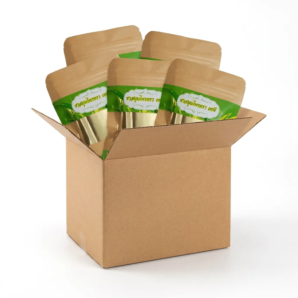 Tapee Tea packaging — pouches of gold-foil teabags in shipping box