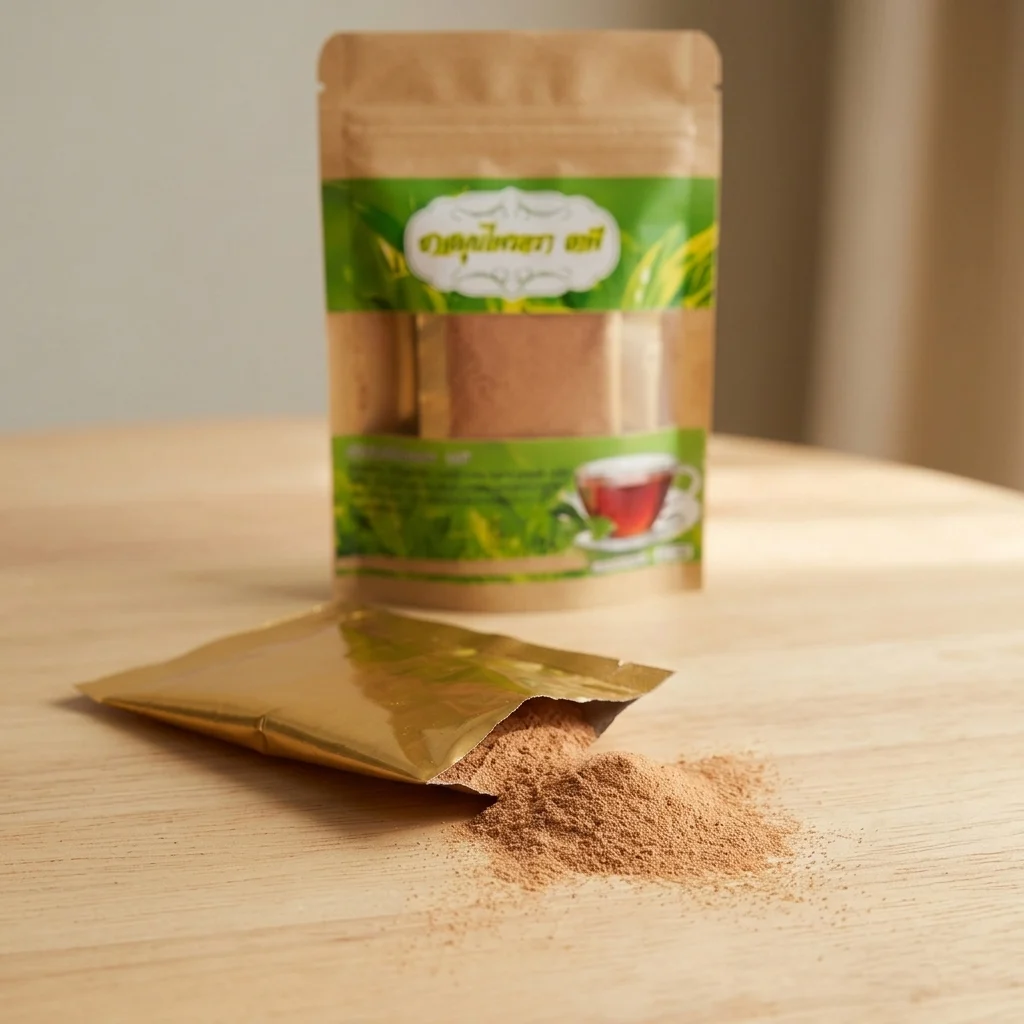 Tapee Tea gold-foil sachet torn open on a wooden table with the very finely ground fifteen-botanical powder spilling out loosely, light reddish-brown, the kraft pouch standing behind