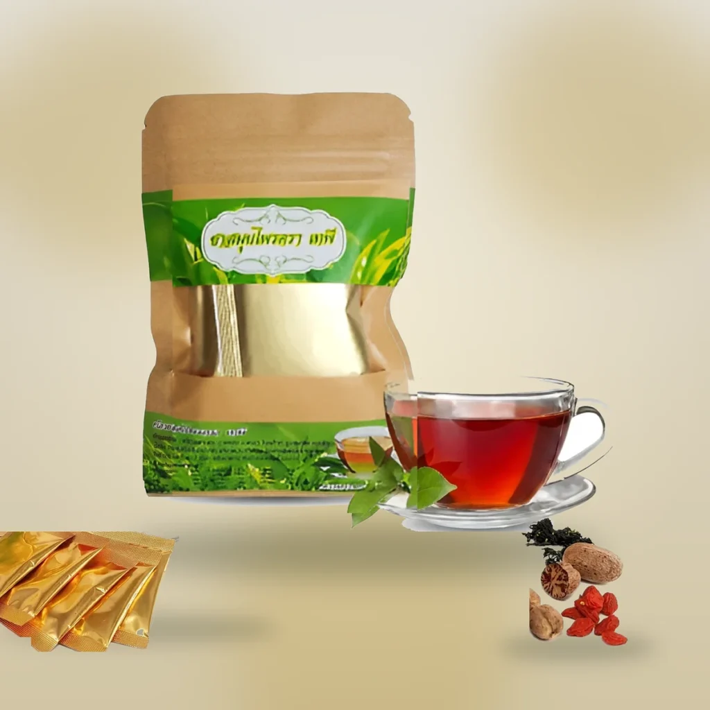 Tapee Tea Thai 15-herb botanical tea: kraft pouch, brewed red-amber cup, gold-foil single-cup teabags, nutmeg and goji berries