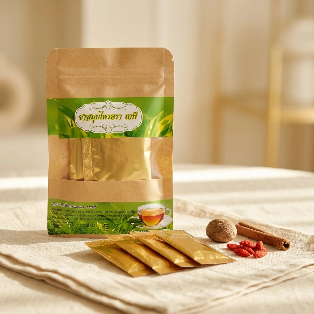 Tapee Tea Thai 15-herb botanical tea: kraft pouch on cream linen with three gold-foil single-cup sachets fanned in front, a whole nutmeg, goji berries and a cinnamon stick