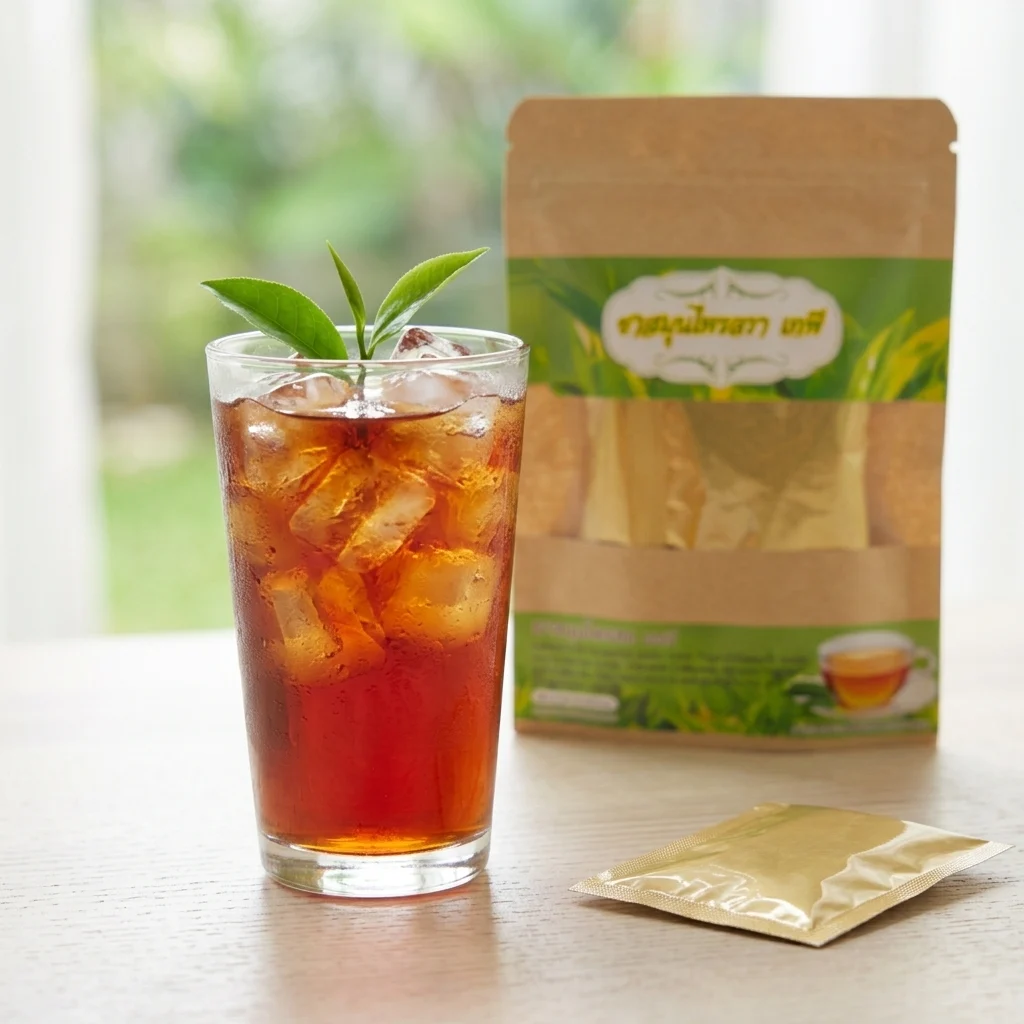 Thai 15-herb botanical tea served iced in a tall glass with ice and fresh leaves, kraft pouch and gold-foil sachet beside it
