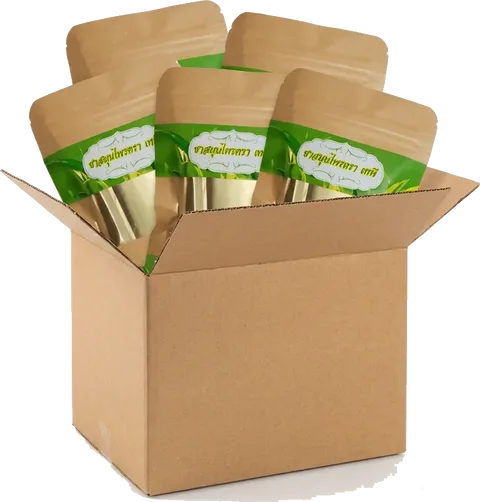 An open shipping carton packed with sealed pouches of the tea