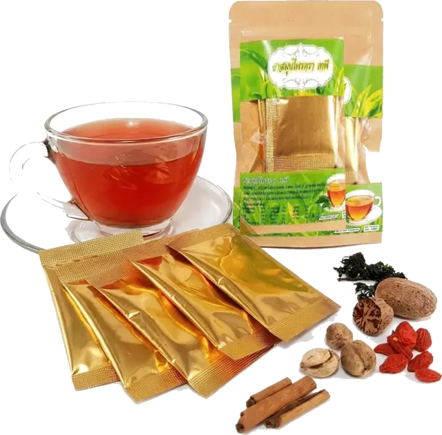 A cup of red-amber Thai herbal tea beside the pack, five gold-foil teabag sachets and loose botanicals