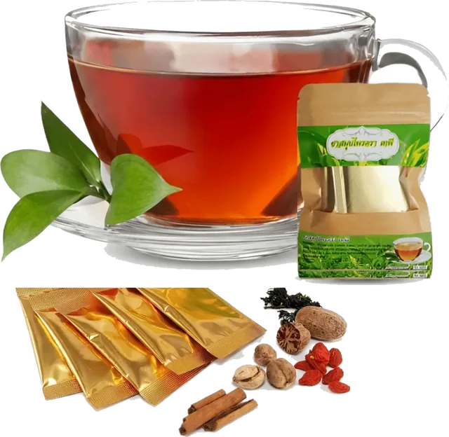 A glass cup of red-amber Thai herbal tea with the pack, five gold-foil teabag sachets and whole botanicals
